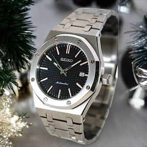 Custom Built Steel Royal Oak Inspired Seiko Mod Watch with Black Dial